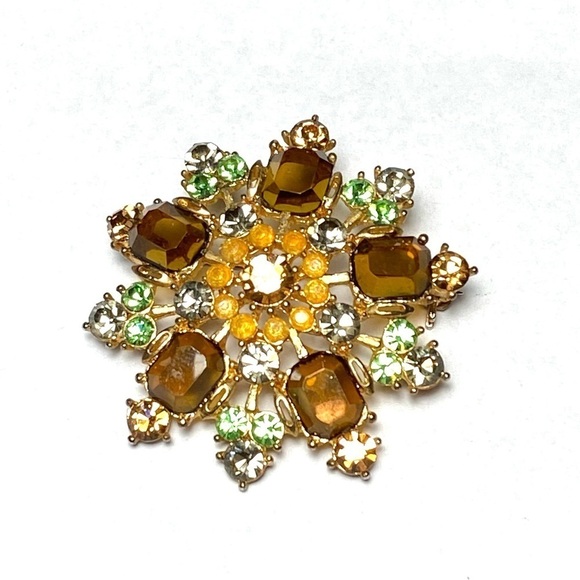 Brooch Pin Flower Glass Rhinestones Lucite Vintage Estate Unique Rare - Picture 3 of 11